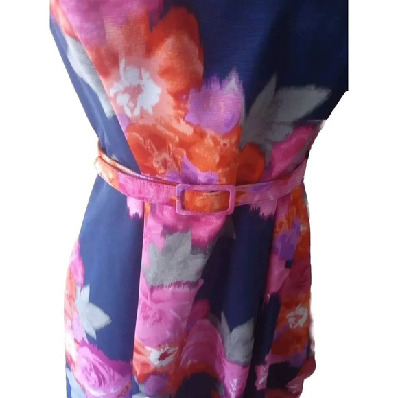 Eliza J Floral Mini Halter Dress Sz 6 Navy Pink Belted Fit In Flare Pockets - Picture 5 of 14